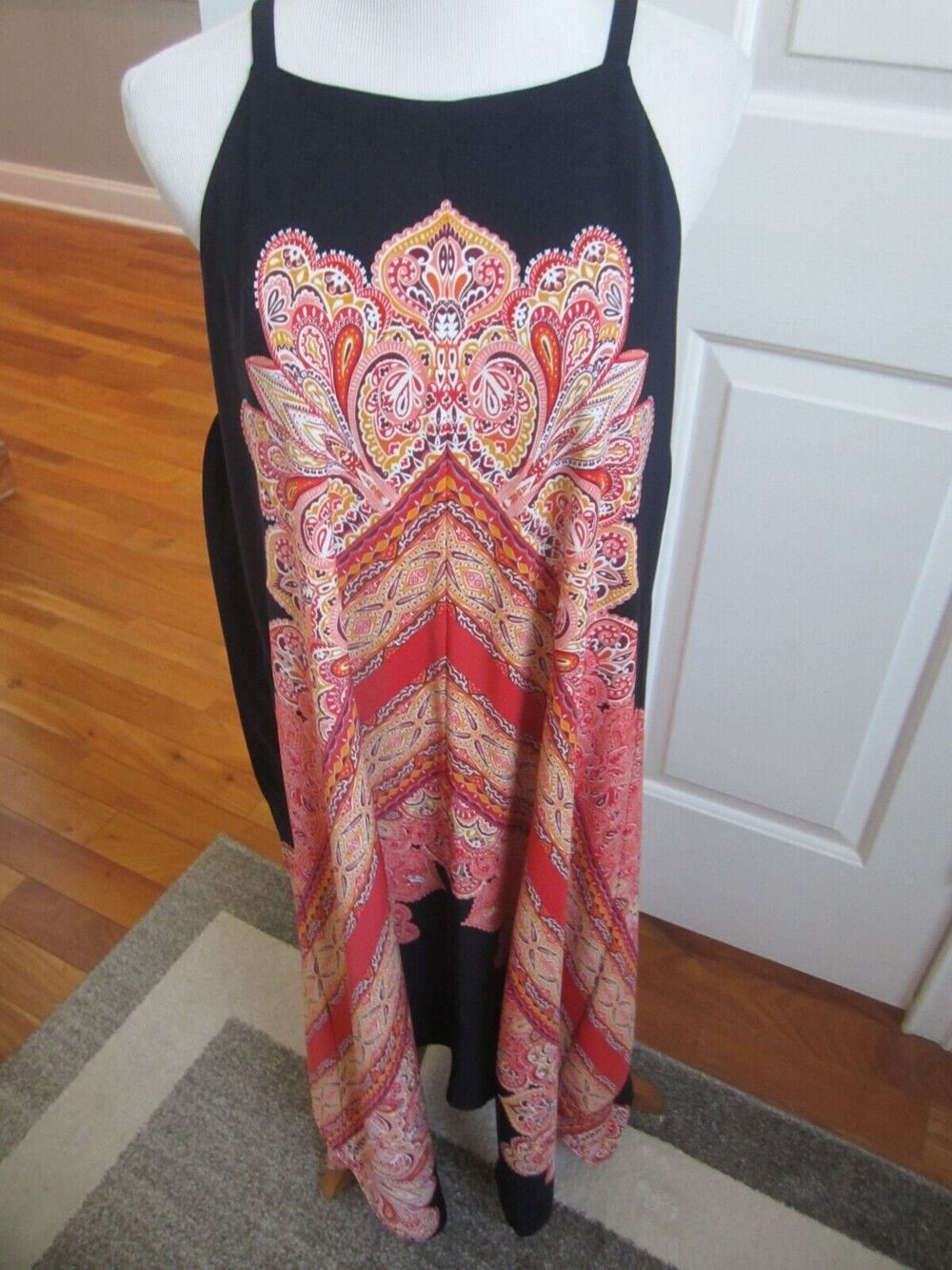 STUNNING MAGGY LONDON NAVY MULTI COLOR GEO  ASYMMETRIC HEM  MIDI DRESS SZ 14